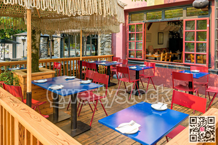 Summer patio of street cafe in North Vancouver, Canada