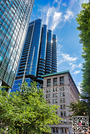 Architectural ensemble of historic and modern buildings in Vancouver, Canada
