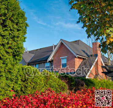 Top of brick residential house with green leaves around