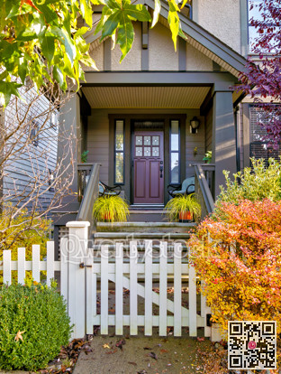 A perfect neighbourhood. Porch and entrance of a nice residential house