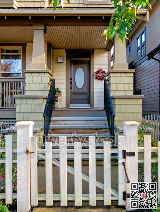 A perfect neighbourhood. Porch and entrance of a nice residential house