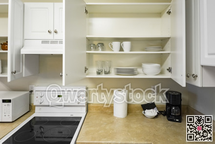 Open cabinets and primary appliances on average home kitchen.