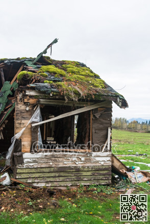 Old abandoned house in disrepair on cold fall day.