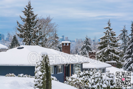 Street of residential houses in suburban of Vancouver on winter cloudy day
