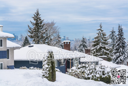 Street of residential houses in suburban of Vancouver on winter cloudy day