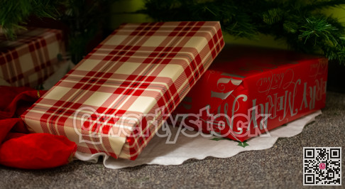 Christmas gifts laying on the floor under fir tree branches.