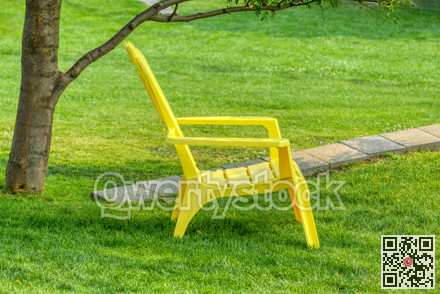 Yellow chair on green lawn in a tree shadow