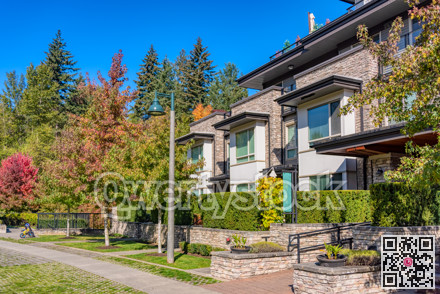 Paved pathway along the row of residential townhouses