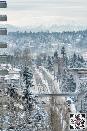 Winter cityscape view with overcast sky and mountain Backer on background