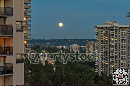 Full yellow moon raising over night city