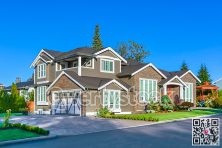 Residential house with summer canopy on site and entrance under the porch