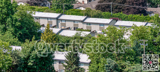 Rows of economic residential townhouses with green trees around