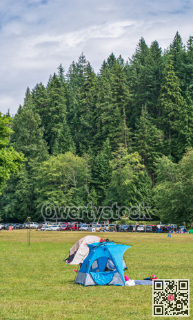 Small weekend camping installed on green lawn in a park