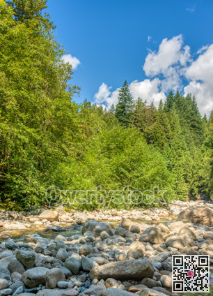 Dried stoney waterway of montailn river on bright summer day