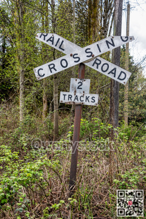 Old sign of railroad crossing on spring trees background