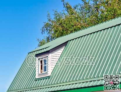 The window on green roof of a farm barn