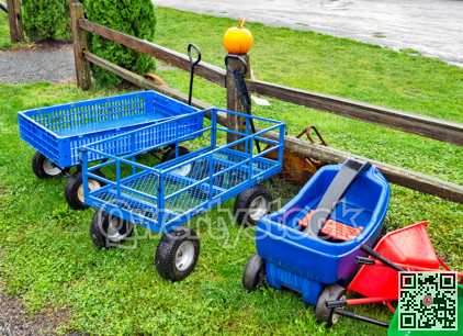 Empty kid's carts on rainy day on the farm