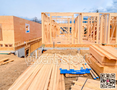 Wooden frame of new building with engineered lumber materials in front