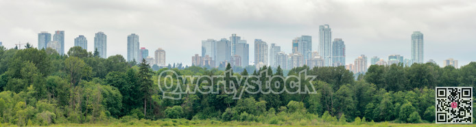 Panoramic view of Metrotown city on overcasted sky background.
