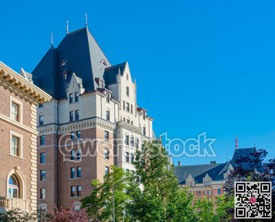 Historic buildings on blue sky background in Victoria, Canada