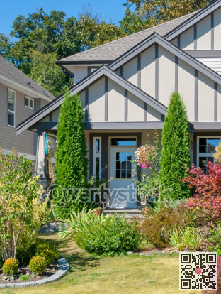 Entrance of beautiful family house with landscaped front yard